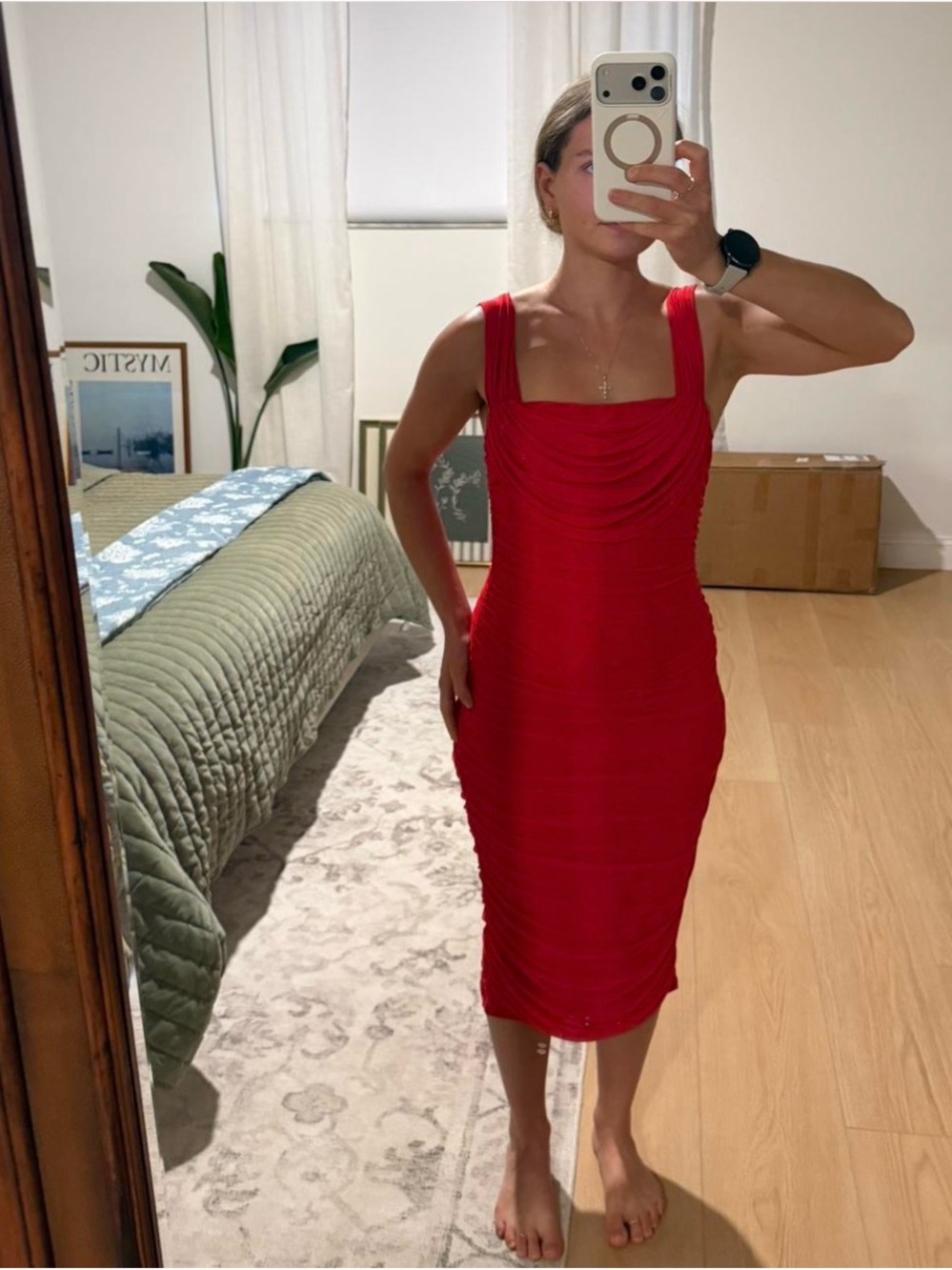 Red Ruched Square-Neck Bodycon Dress